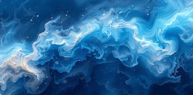 Abstract blue watercolor ocean waves with turquoise swirls and foamy foam texture across a textured background.