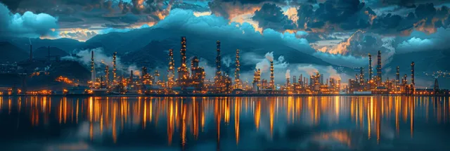 Wide-angle oil refinery at twilight with pipes, storage tanks, and glowing stacks reflected in water