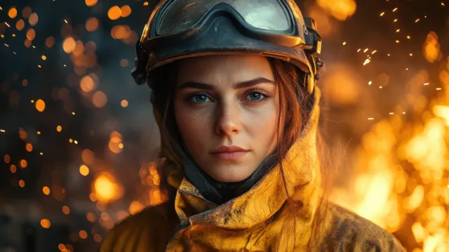 Female steelworker in a protective helmet watches molten iron with glowing sparks around her.