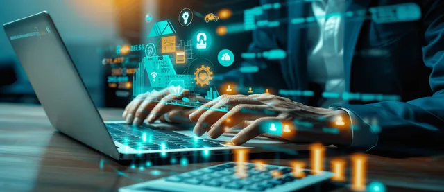 Analyst at laptop reviewing financial dashboard with glowing charts and data overlays