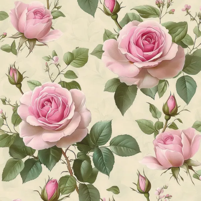 Seamless pattern of pink rose flowers, buds, and green leaves on a soft beige background.