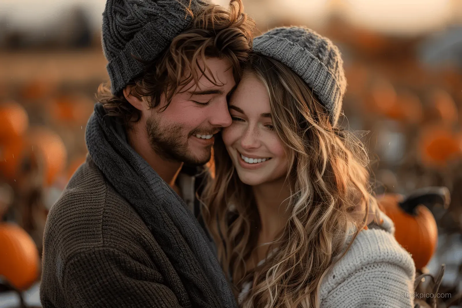 A smiling couple hugs in a pumpkin patch wearing knitted hats during golden hour.
