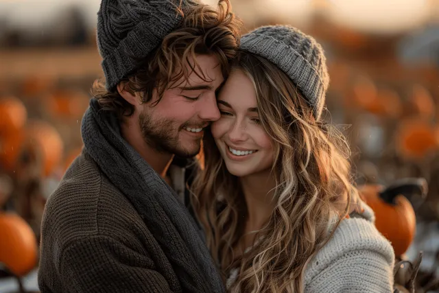 A smiling couple hugs in a pumpkin patch wearing knitted hats during golden hour.