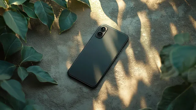 Black smartphone on textured stone surrounded by green leaves with soft sunlight and shadow patterns.