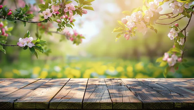 Sunlit garden spring scene with blooming apple tree branches over a weathered empty wooden table