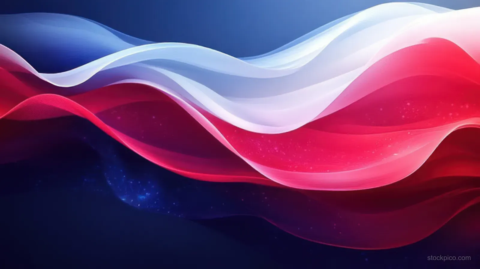 Red white and blue abstract wave ribbons undulate across a dark background with a faint starry glow.