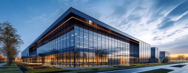 A modern glass and black clad warehouse office building glows at blue hour beside a lit loading yard.