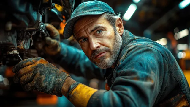 Mechanic in blue uniform crouches under a car in a garage, inspecting engine parts under bright lights.