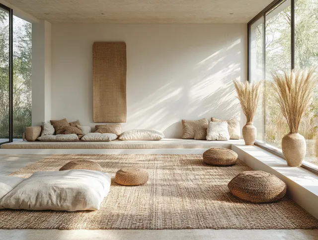 Sunlit minimalist living room with low sofa, neutral pillows, concrete wall, and dried pampas grass in vases.