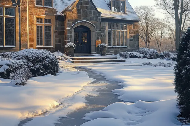 Stone house facade with arched dark door, snowy garden pathway in soft morning light