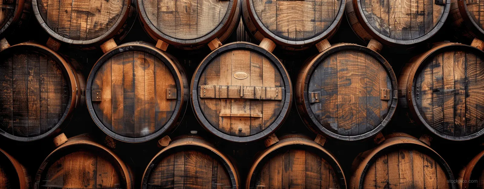 Oak whiskey barrels are stacked in a dark cellar, with visible circular tops and weathered wood grain.