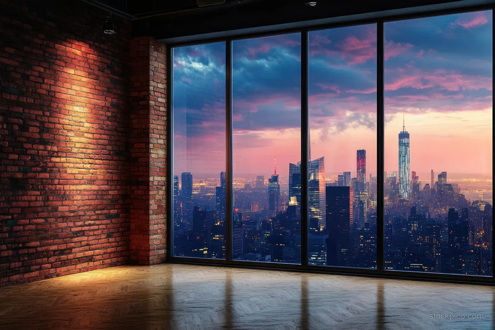 Empty modern room with brick wall and floor-to-ceiling window framing a sunset city skyline across a reflective wooden floor.