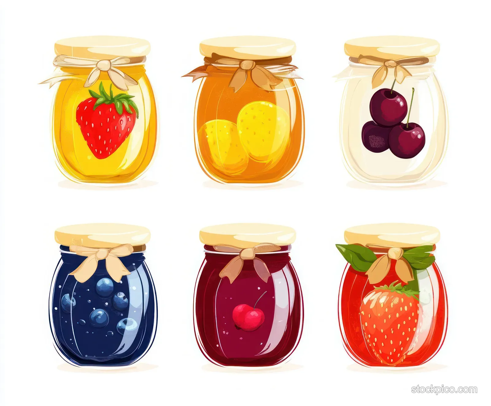 Six glass jars filled with strawberry, lemon, cherry, blueberry, and mixed fruit jams on a white background.
