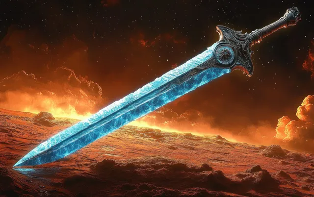 An ornate blue glowing sword hovers over a fiery landscape beneath a dark starry night sky.