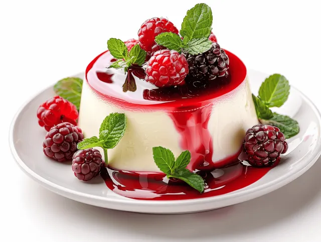 Panna cotta topped with red berry jelly, raspberries, blackberries, and mint on a white plate.