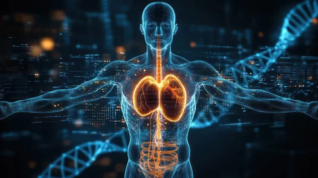 Translucent digital human anatomy shows glowing lungs and trachea with DNA helix strands behind it.