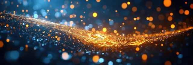 Golden particles sweep over a dark surface while glowing rings and blue-orange bokeh lights float behind.