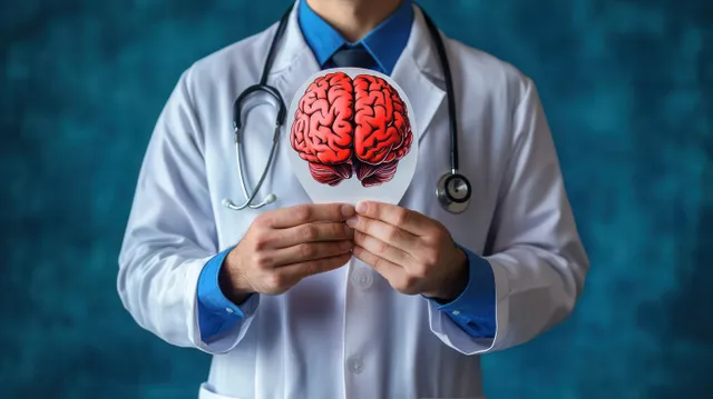 Doctor in white coat holds a paper cutout of a red human brain while wearing a stethoscope against a dark blue background.
