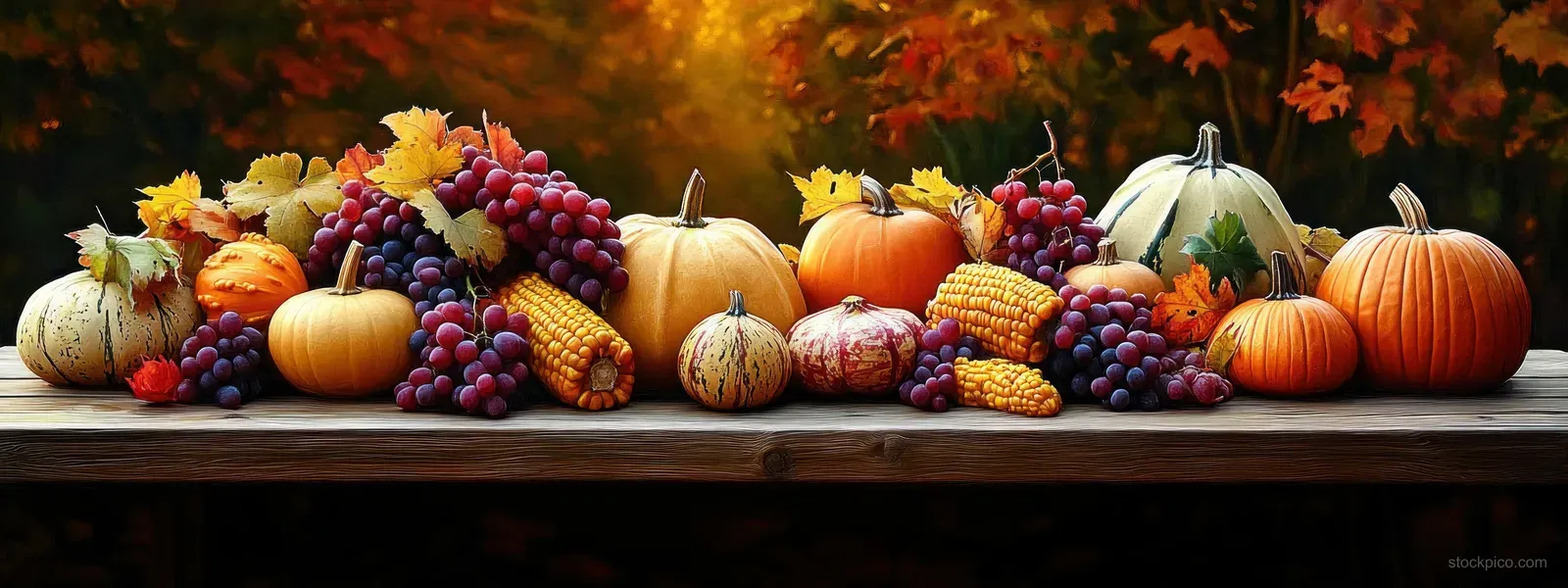 Pumpkins, gourds, grapes, and corn arranged on a wooden table with glowing fall leaves in the background.