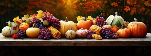 Pumpkins, gourds, grapes, and corn arranged on a wooden table with glowing fall leaves in the background.