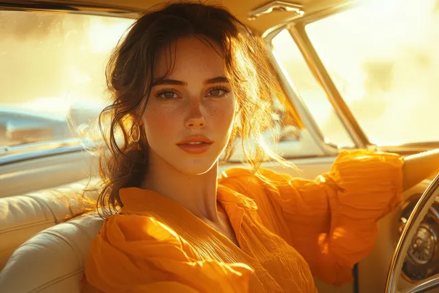 Smiling woman driving a modern car, adjusting dashboard options while listening to music