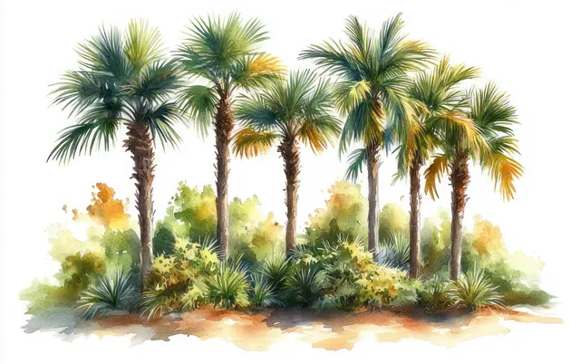 Watercolor palms and leafy shrubs rise from a sandy foreground with warm sunlight and soft green washes behind them.