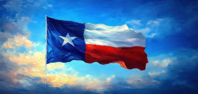 Texas flag waving in wind under dramatic blue sky with vivid fabric texture