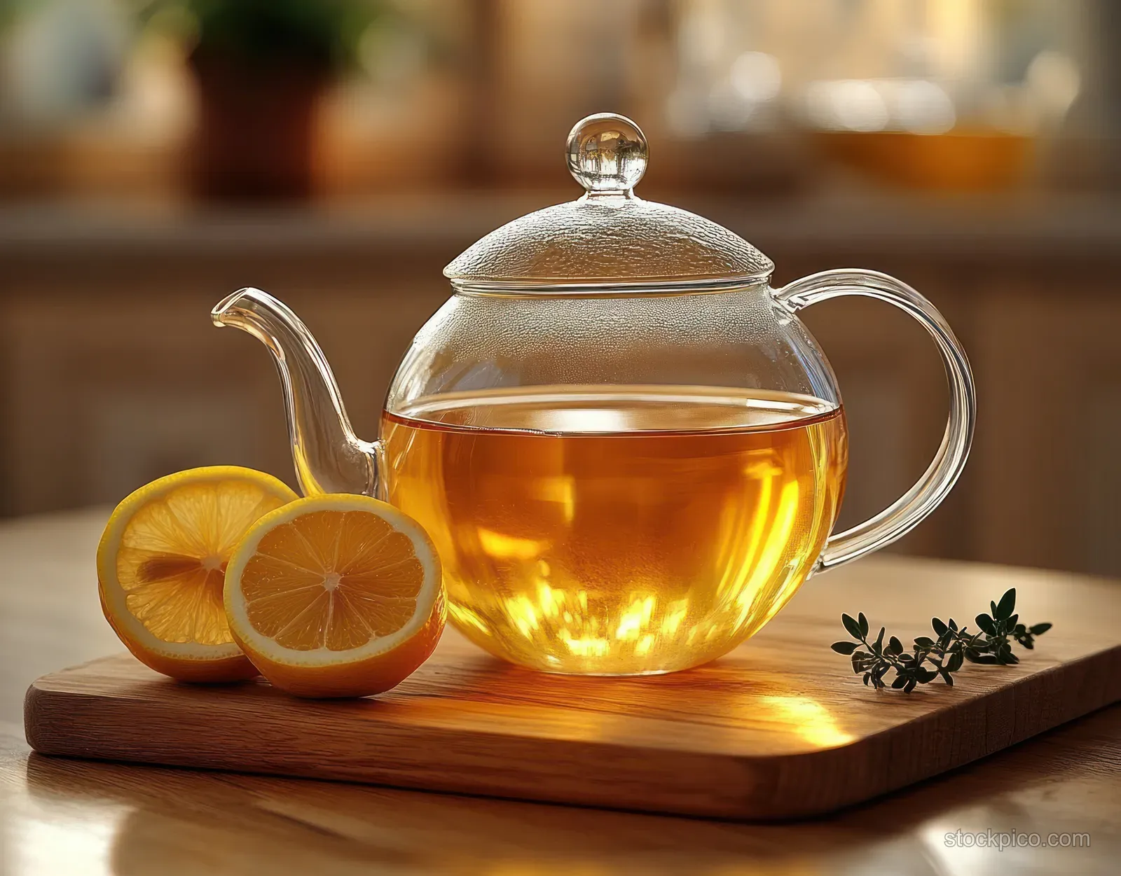 Clear glass teapot with warm herbal tea on a wooden board, with lemon halves and a small herb sprig.