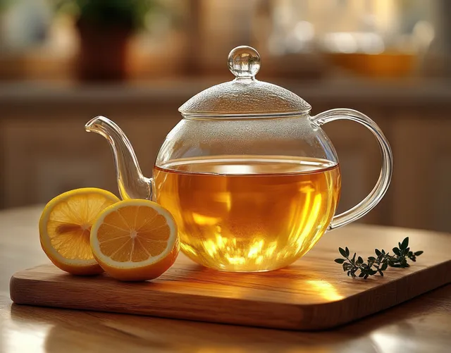 Clear glass teapot pouring warm herbal tea beside lemon halves on wooden board