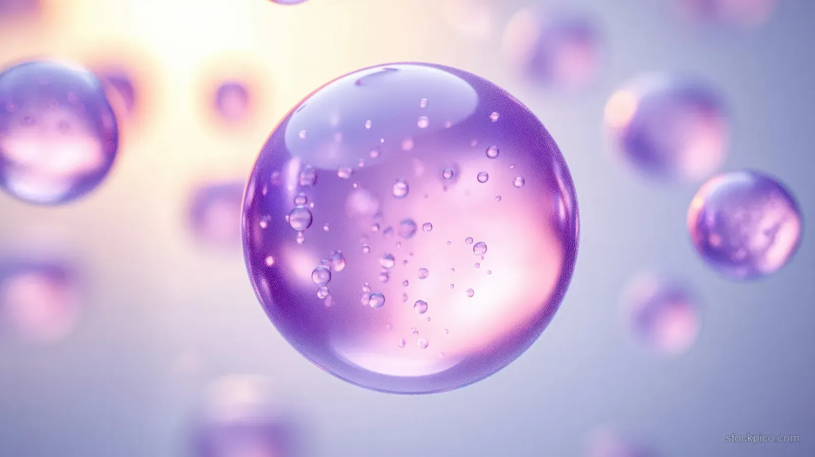 A purple hyaluronic acid droplet sphere floats with tiny water droplets against a blurred gradient background.