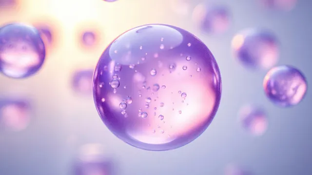Purple hyaluronic acid sphere with water droplets floating in soft skincare background with Anti Aging Treatment