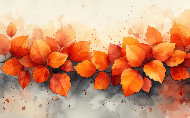 Watercolor autumn leaves clustered along top edge with speckled beige wash background