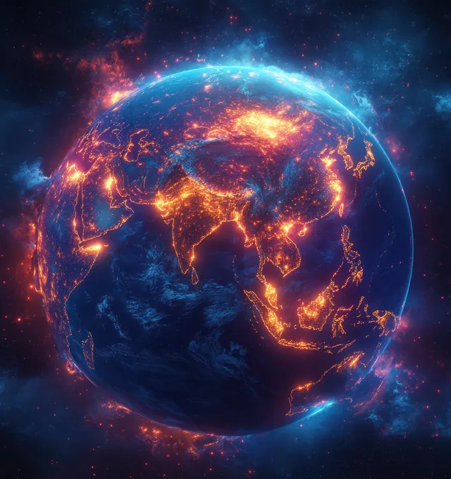 Neon cyberpunk Earth globe with glowing Asia map and fiery light trails in deep space darkness.
