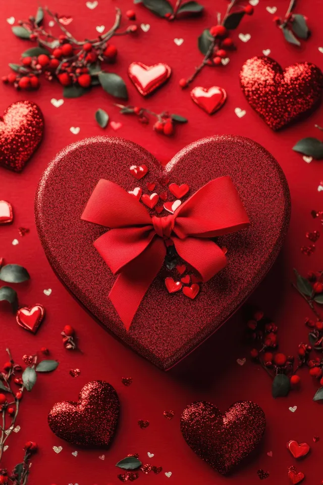 Valentine gift heart box with red bow, scattered hearts, and glittery petals on red
