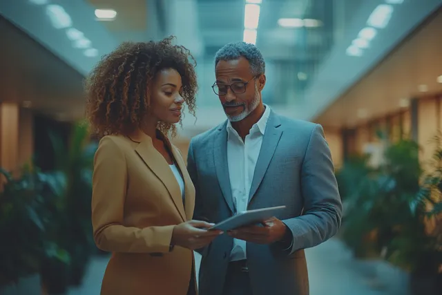 Two executives in suits review a tablet while standing in a modern office hallway with soft lighting.