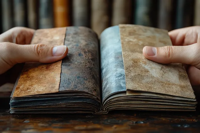 Hands hold an open textile swatch book with carpet fabric samples in an interior design showroom.