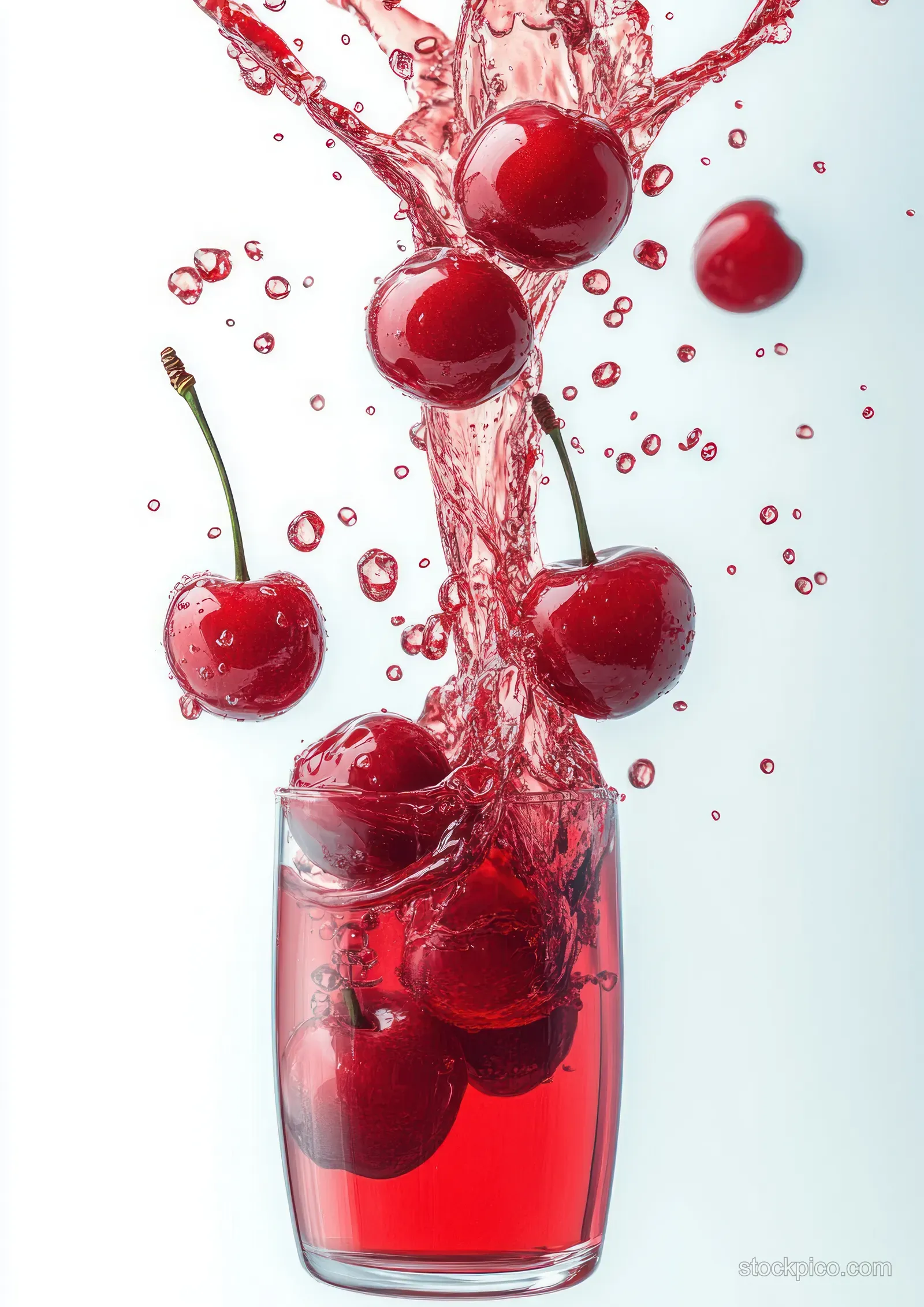 Red cherry juice splashes from a clear glass, with cherries and droplets flying upward on a white background.