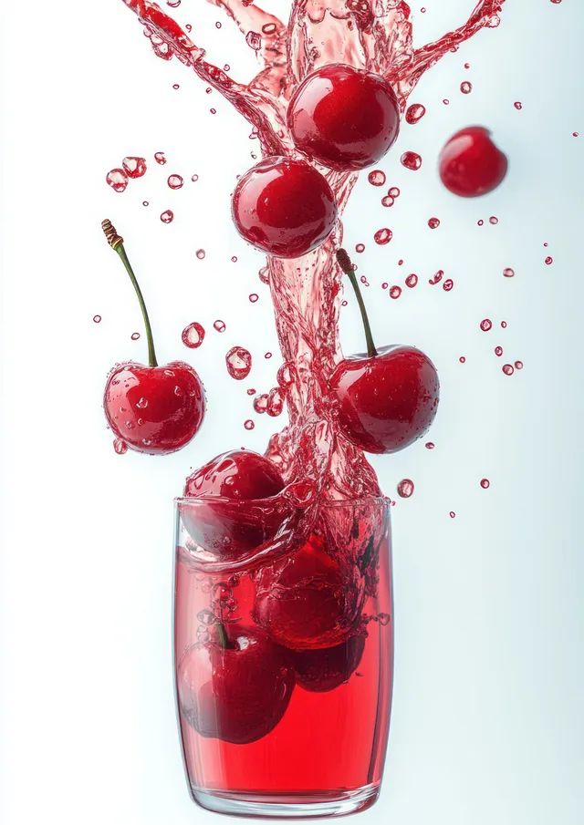 Red cherry juice splash erupts in a clear glass with floating cherries on white backdrop