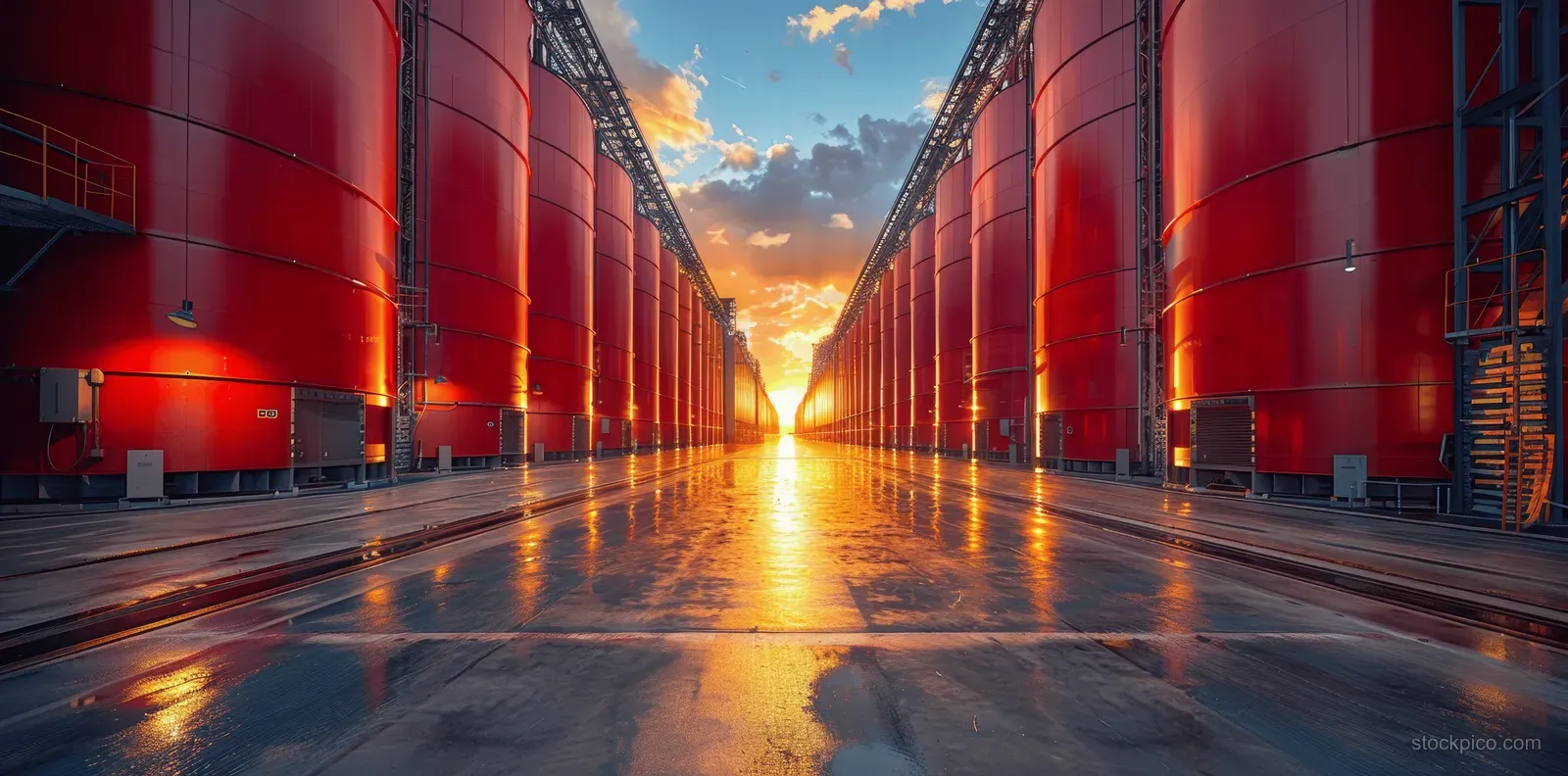 Sunset view between tall red grain silos with wet concrete ground reflecting light on a farm yard.