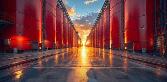Sunset view between tall red grain silos with wet concrete ground reflecting light on a farm yard.