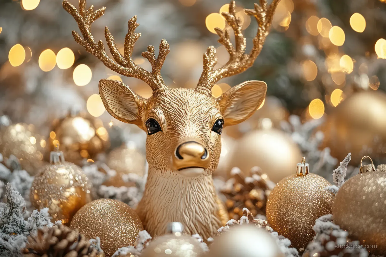 Golden reindeer figurine surrounded by shimmering Christmas ornaments and warm glowing bokeh lights.