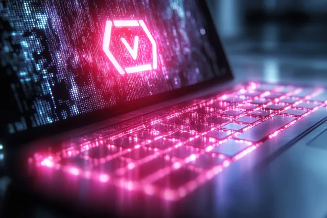 Cyberpunk laptop showing glowing breach warning icon above neon keypad at night