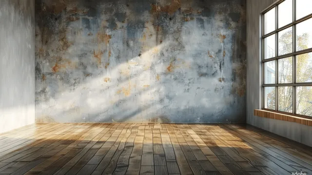 Minimal interior room with wood floor and white concrete wall, sunlight through tall window