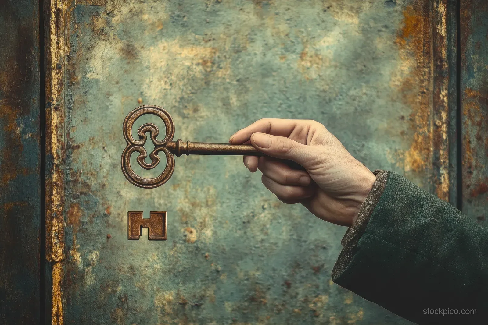 Hand turns an ornate vintage key in the lock of a weathered door with aged metal textures.