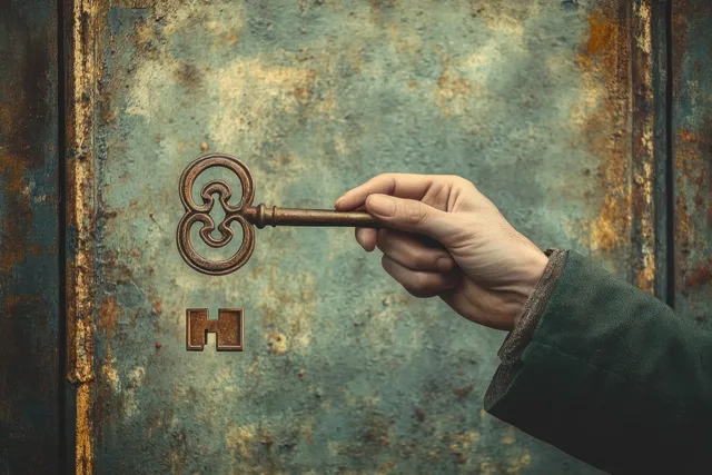Hand turns an ornate vintage key in the lock of a weathered door with aged metal textures.