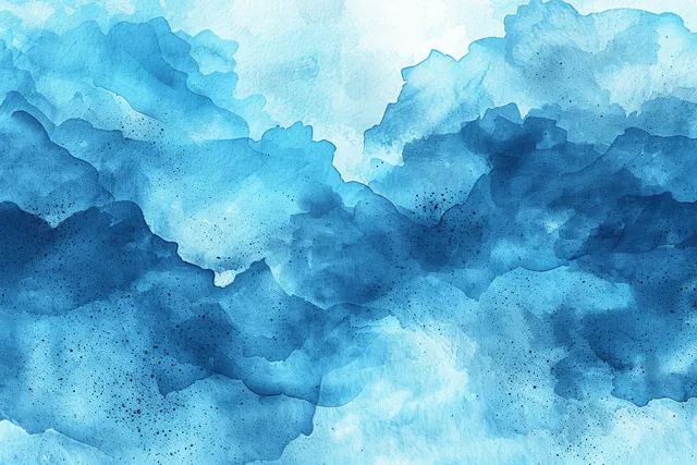 Blue turquoise watercolor clouds swirl across a frosty sky with soft mist textures