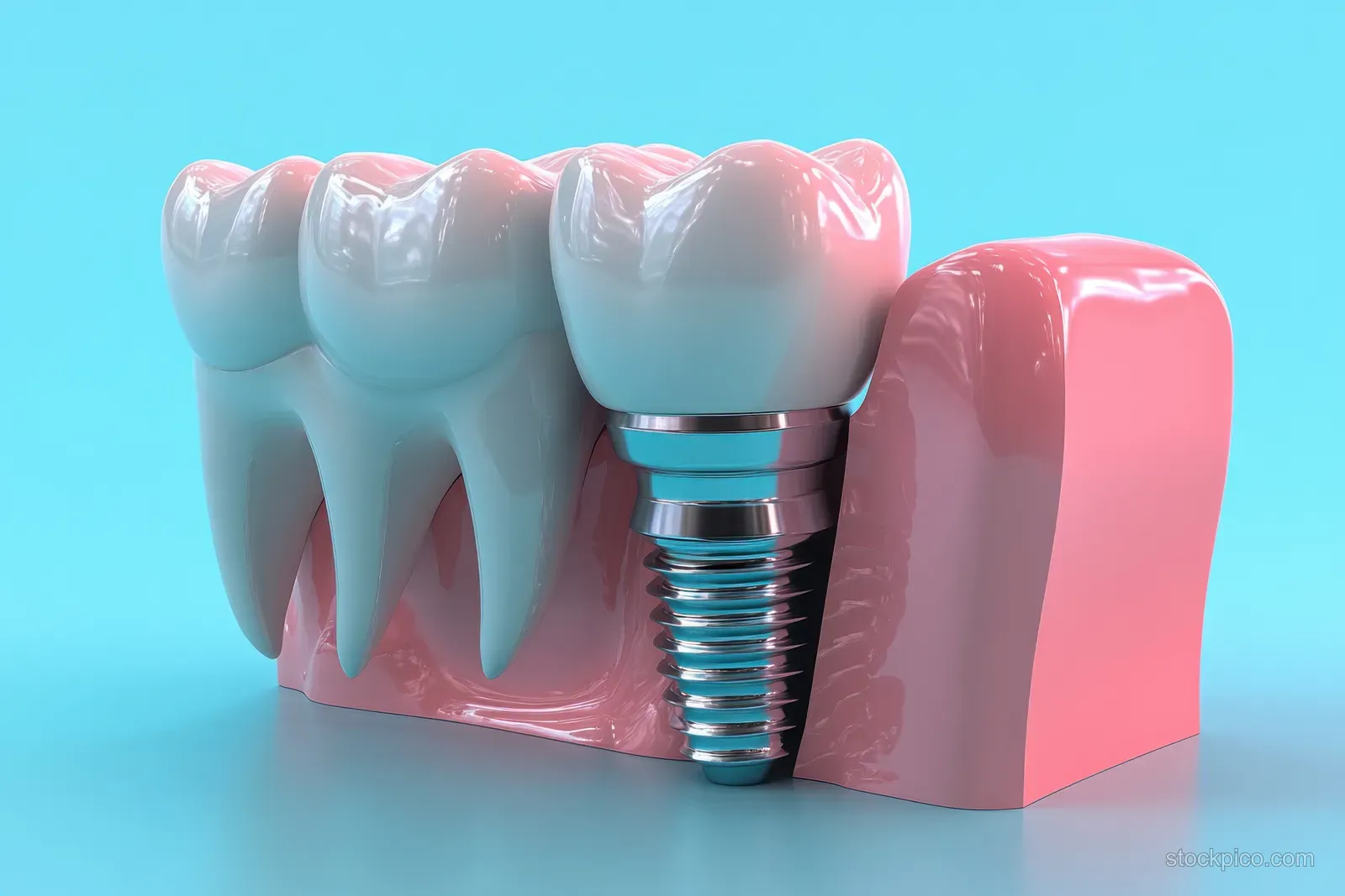 3D render of a dental implant screw post supporting a crown beside tooth models on a blue background.