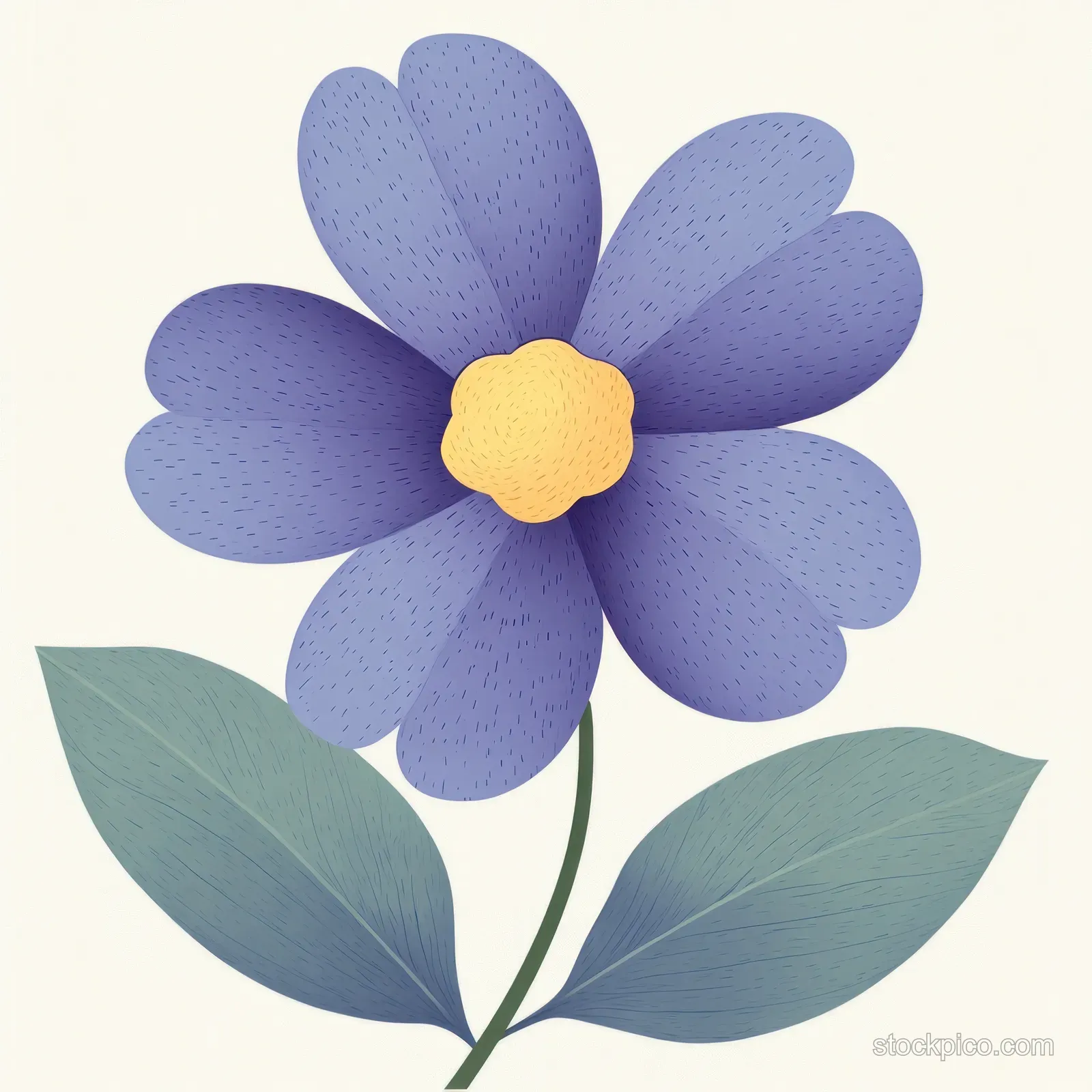 Purple flower with a yellow center and two green leaves shown on a light background.