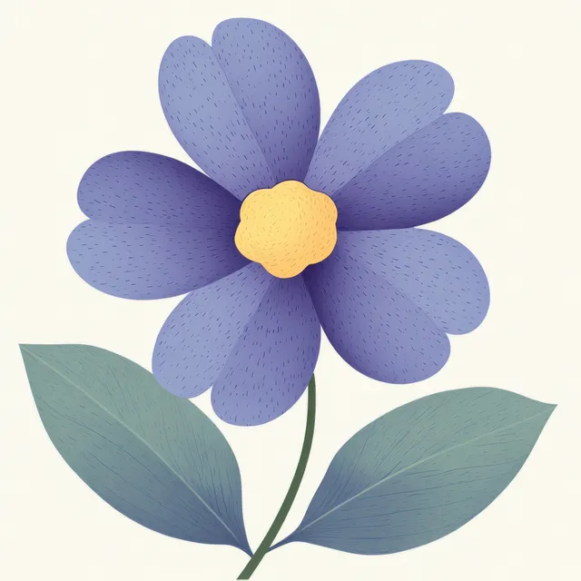 Purple five-petal flower with yellow center and two green leaves on light backdrop
