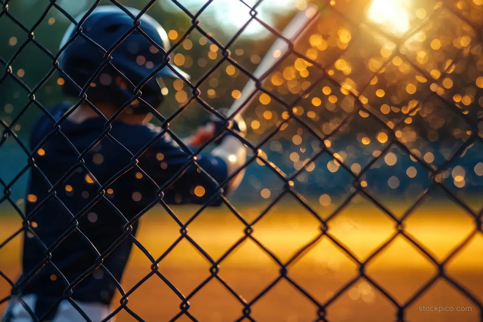 Young baseball player in helmet preparing to bat behind a chain-link fence with golden sunset bokeh.